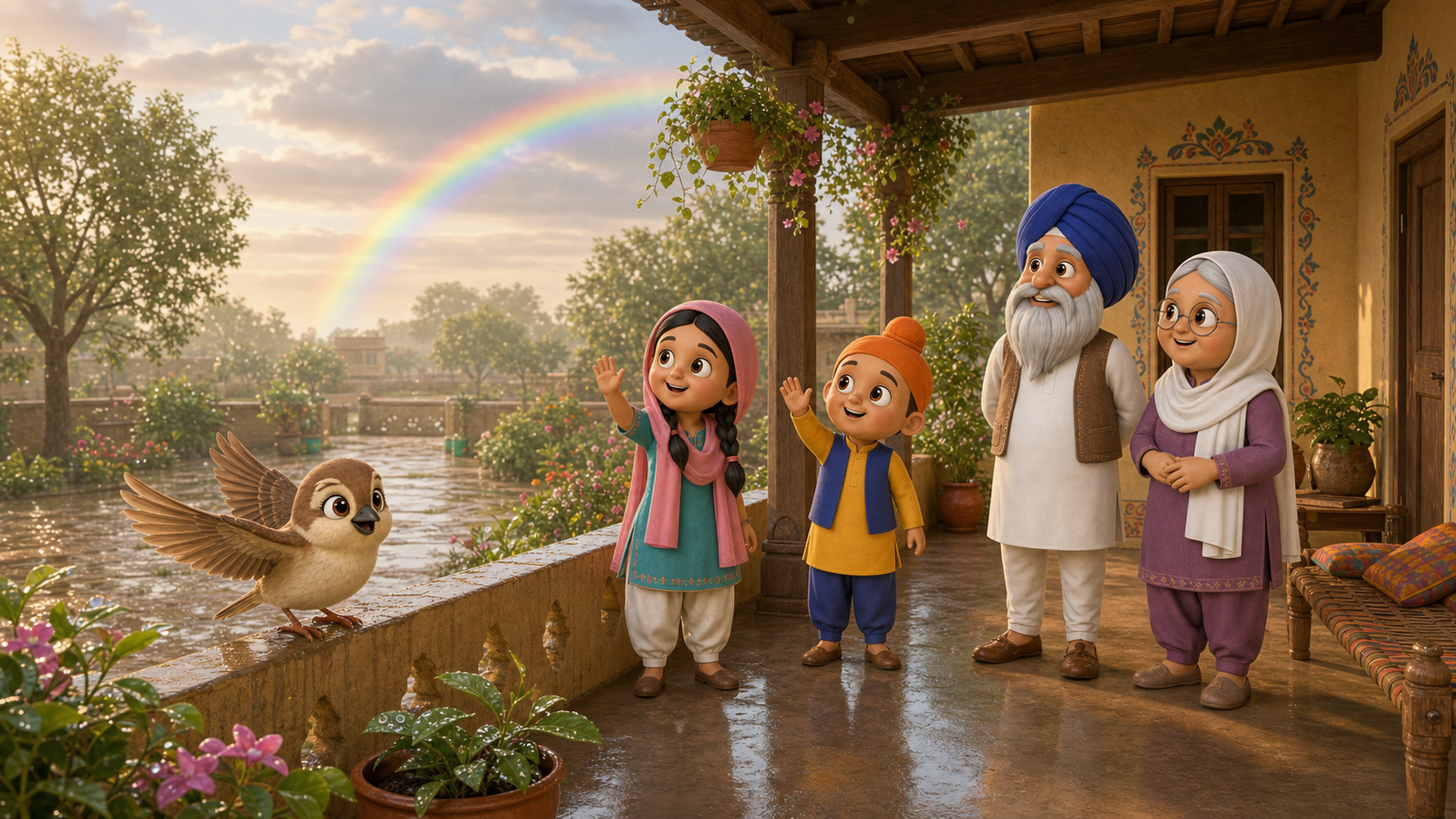Chiri and a Punjabi family watching a rainbow after the rain