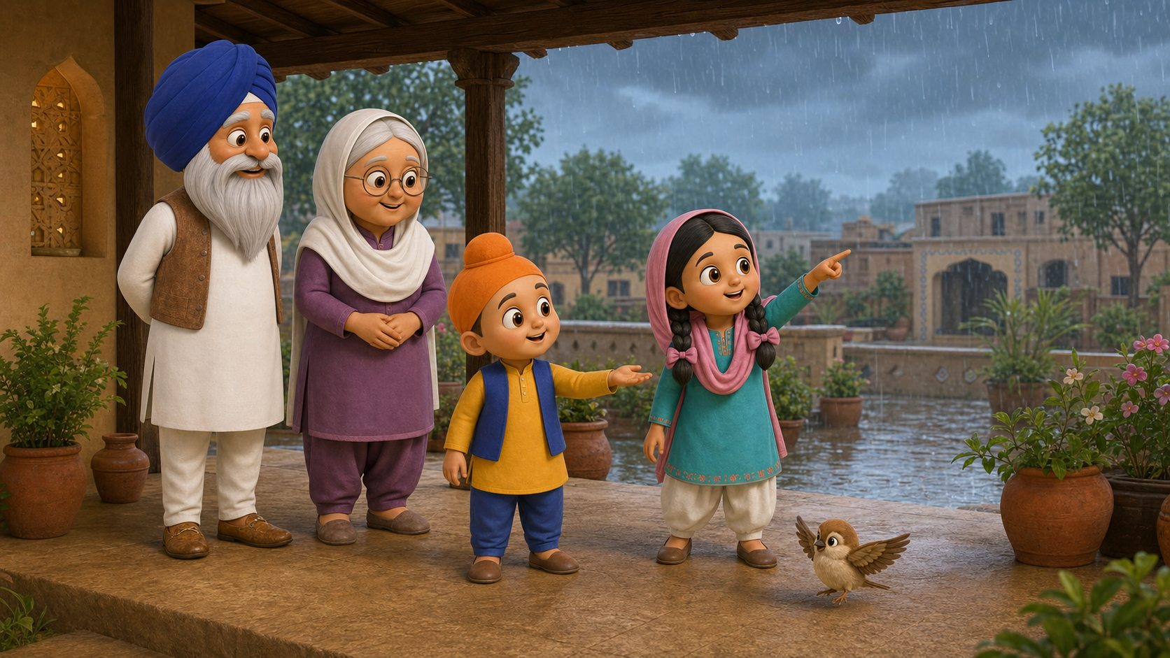 Chiri and the family welcoming the first raindrops from the covered courtyard