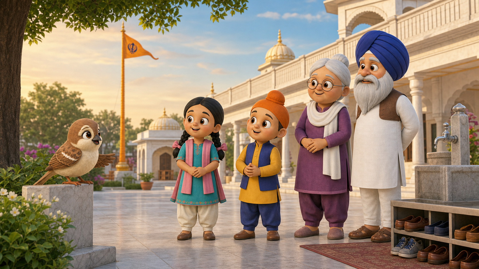 The family arriving at the gurdwara courtyard with Chiri nearby